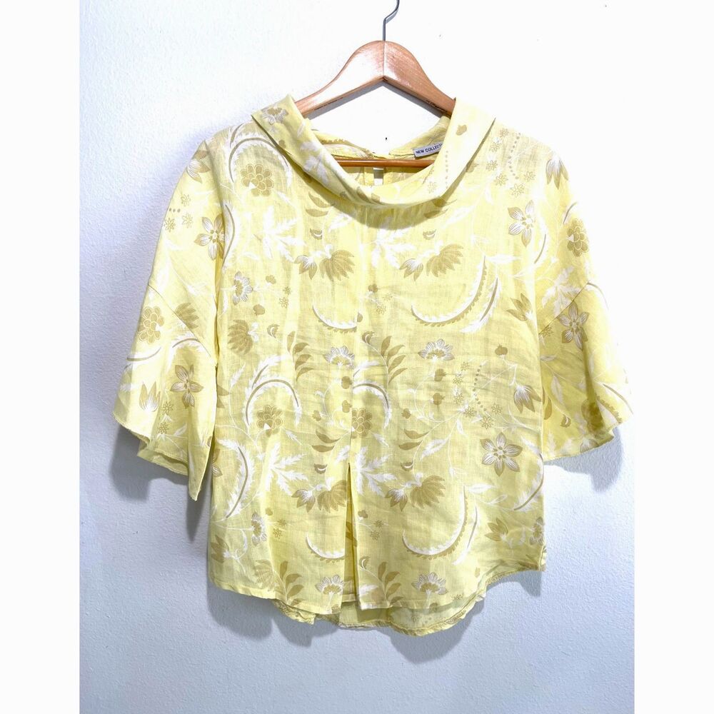 New Collection 100% linen shirt flared sleeve summer beach resort yellow women S